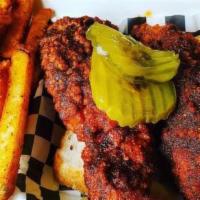 Snack Box · Two buttermilk fried chicken tenders or one boneless thigh, pickles, white bead, choice of o...