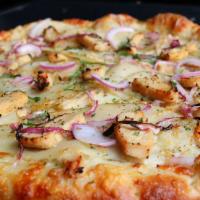 Large Pollotaté · Garlic Olive Oil Glaze, Marinated Chicken, Rosemary Potatoes, Red Onions, and Asiago Cheese