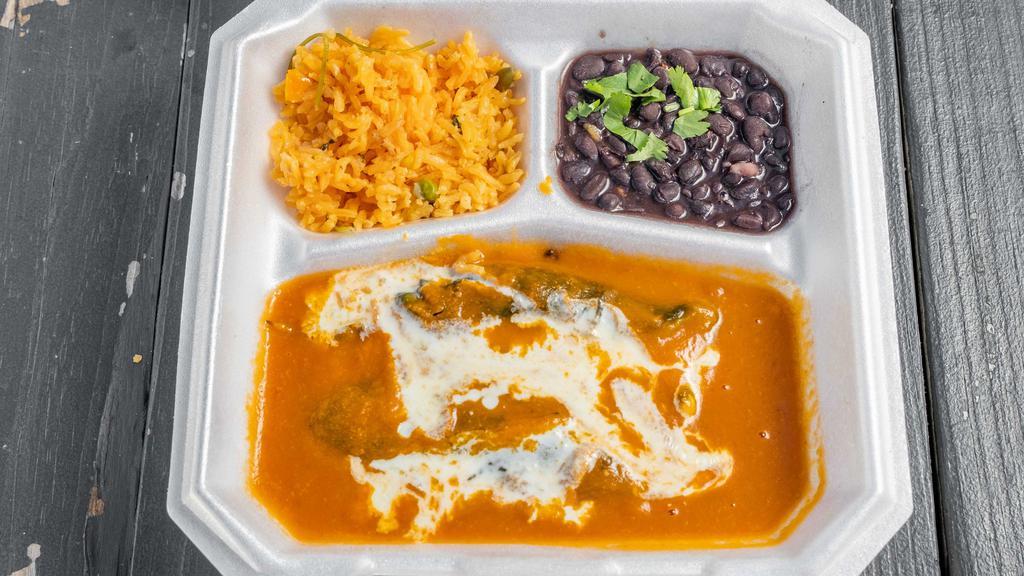 Chile Relleno · Chile poblano filled with chicken tinga , in red chipotle salsa, with cheese dip , served with black beans and rice. With corn tortillas.