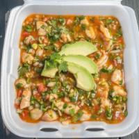 Ceviche · Seafood and shrimp mixed with tomatoes, onions, cilantro, jalapeño, lemon and tomato juice a...