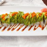 Green Dragon Roll (8 Pieces) · Eel, cucumber wrapped with avocado.