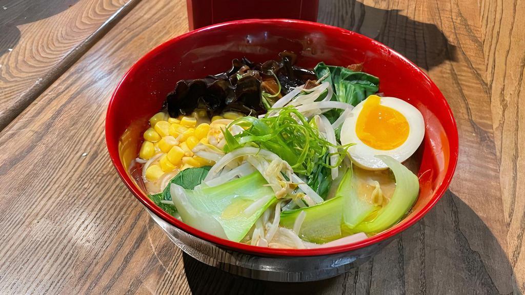 Miso Ramen · Chicken Broth, miso, soft boiled egg, bamboo shoot, corn, kikurage mushroom, scallion, and nori.