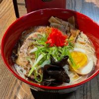 Shoyu Ramen · Chicken Broth, soy sauce, soft boiled egg, bamboo shoot, kikurage mushroom, nori, and scallion