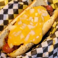Chili Cheese Dog · 100% all beef Vienna brand frankfurter loaded with homemade chili, chopped onions, smothered...