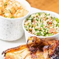 1/4 Rotisserie Chicken · Yafo spiced rotisserie chicken (dark meat) served with choice of two sides and house made la...