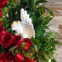 Stairway To Heaven With Angel Sympathy · Dozen red roses in a field of lavish greens. Ceramic for keepsake centered in a white acryli...