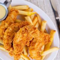 Chicken Tenders · Buttermilk battered chicken tenders. Served with French fries and honey mustard.