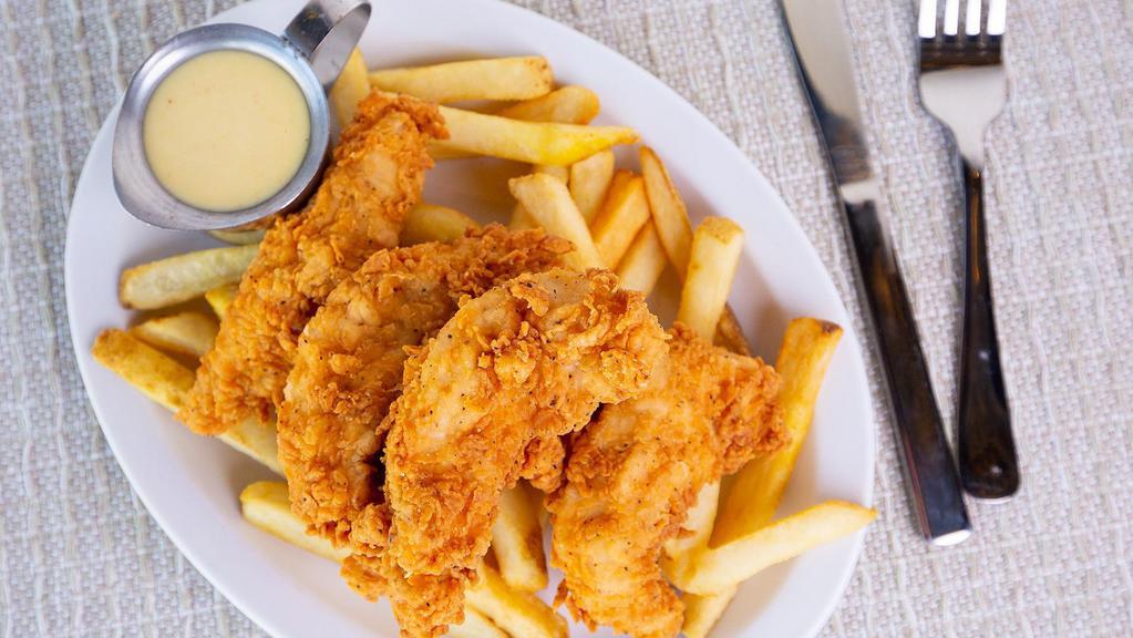 Chicken Tenders · Buttermilk battered chicken tenders. Served with French fries and honey mustard.