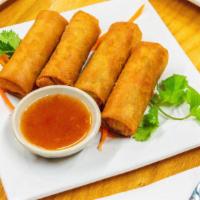 Crispy Spring Rolls(4) · Four pieces. Deep fried, vegetable, clear noodles, and vegetables.