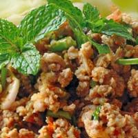 Larb Gai · Chicken, onions, pepper, cabbage, and mint with rice