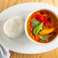 Red Curry · Coconut milk, bamboo shoot, bell pepper, basil leaves, onion, and eggplant. Your choice of p...