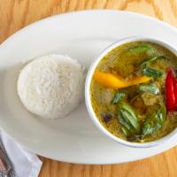 Green Curry · Coconut milk, bamboo shoot, bell pepper, basil leaves, onion, and eggplant. Your choice of p...