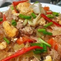Pad Woosen · Glass noodle. Stir fried rice noodles, egg, bell pepper, onion, carrots, and sweet garlic sa...