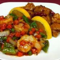 Dragon & Phoenix · Spicy shrimp with chili sauce and hot and spicy General Tso's chicken.