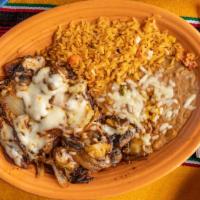 Pollo Monterrey · Grilled chicken breast with onions, mushrooms, and Monterey Jack cheese. Served with rice, b...