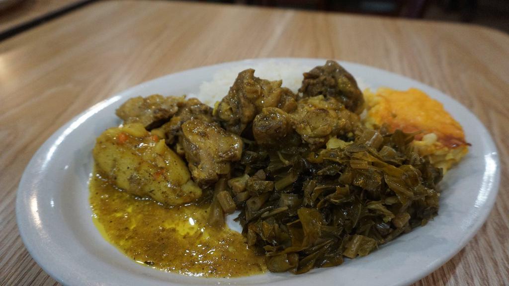 Curry Goat Combo · Combo comes with choice of jerk chicken, brown stew chicken or curry chicken.
