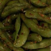 Spicy Edamame · Seasoned with garlic chili pepper and sea salt