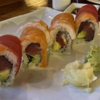 The Sabi Roll · Tuna, avocado, spicy mayo and crunchy topped with shrimp, tuna and salmon.