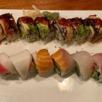 Rainbow Roll · California rolled topped with five kinds of fish.