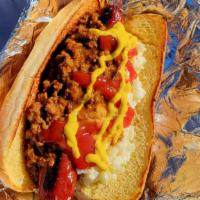 Vibe Dog · Beef hotdog with Ketchup, Mustard, Chili, Coleslaw, Onions, Relish