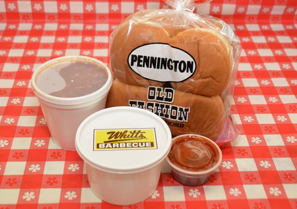 Family Pack 1 · 1 lb. of meat, one pint of any side item and eight packs of buns. Feeds four.