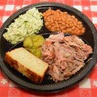Pork · 5 oz. of pork, two small sides, bread, and pickles