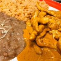 Pollo Chipotle · Sliced chicken breast, zucchini, onions, cooked in a creamy chipotle sauce served with rice ...