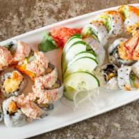 Clapton · Chopped fresh tuna, cucumber, roe, spicy mayo, scallions, on top of a California roll.