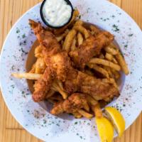 Fish & Chips · Beer battered grouper served over seasonal fries with tartar sauce.