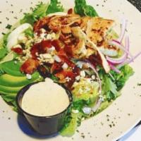 Cobb Salad · Romaine lettuce, grilled chicken, crispy bacon, avocado, egg, red onion, bleu cheese crumble...