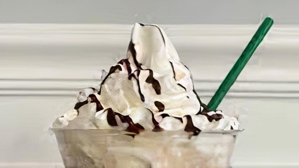 Mocha Frappuccino · Blended shot of espresso, mocha flavoring, ice, chocolate syrup, 2% milk or almond milk topped with whipped cream and chocolate syrup.
