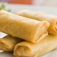 Spring Rolls · Four pieces crispy fried spring roll stuffed with seasonal vegetables.