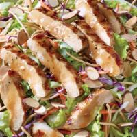 Grilled Asian Chicken Salad · Grilled chicken, fresh garden greens, dried fruit, and almond chips with house dressing.