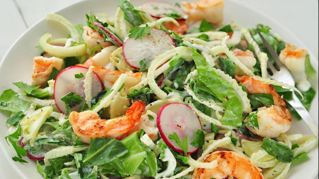Grilled Asian Shrimp Salad · Grilled shrimp, fresh garden greens, dried fruit, and almond chips with house dressing.
