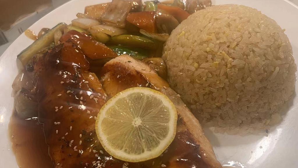 Hibachi Salmon · Served with soup and salad, grilled vegetables, and fried rice.