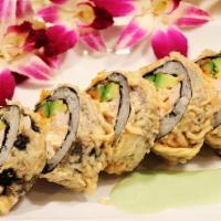 Sensei Roll · Deep-fried roll with snow crab, tuna, salmon, avocado, smelt roe, and cream cheese with spec...