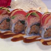 Little Mermaid Roll · Crawfish, fish, and asparagus. Topped with snow crab, avocado, and fresh tuna. Raw.