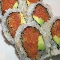 Spicy Salmon Roll · Spicy salmon, green onion, and avocado. Raw.