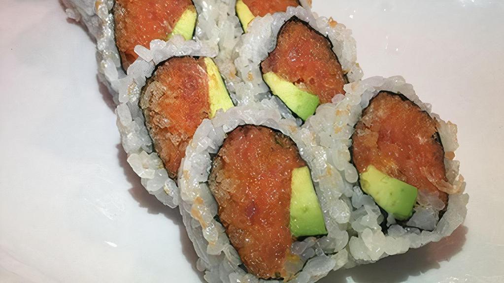 Spicy Salmon Roll · Spicy salmon, green onion, and avocado. Raw.