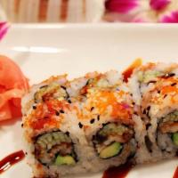 Bbq Eel Roll · Broiled eel, avocado, and cucumber with smelt roe on the outside. Topped with eel sauce and ...