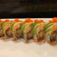 King Cobra Roll · Tempura shrimp, cream cheese, topped with spicy crab, advacado and fish eggs with eel sauce.