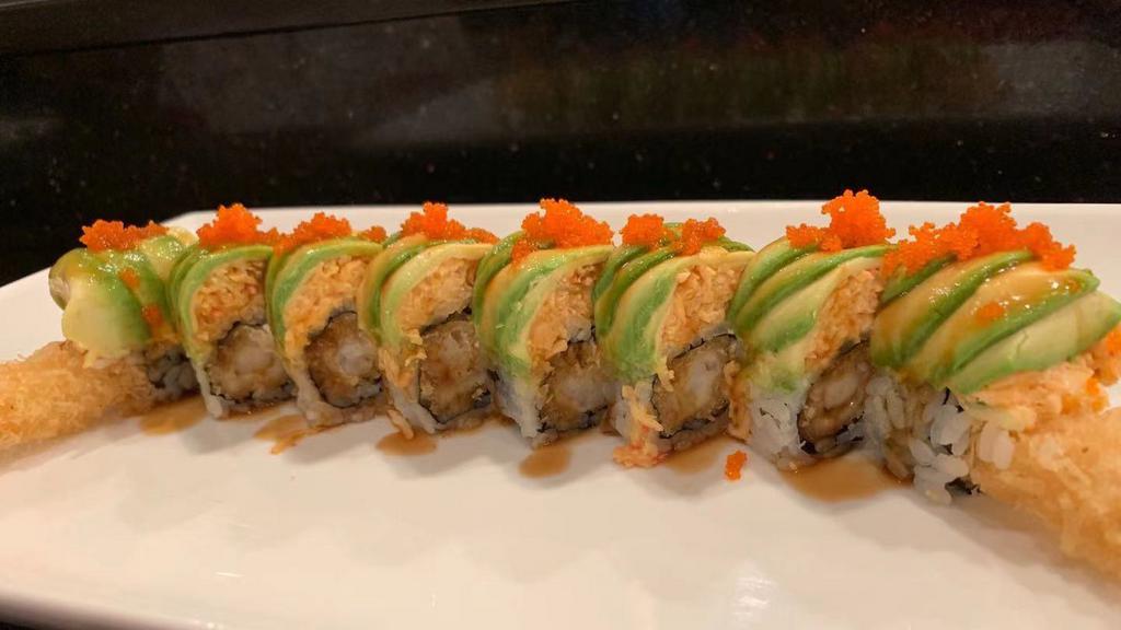 King Cobra Roll · Tempura shrimp, cream cheese, topped with spicy crab, advacado and fish eggs with eel sauce.