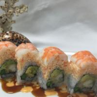 Double Down Roll · Tempura shrimp, avocado, and asparagus inside. Topped with snow crab and fresh shrimp.