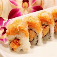 Lion Roll · Spicy crawfish inside with crab stick, smelt roe, green onions, tempura batter, and mayo mix...