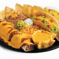 Beef Wholotta Platter · Beef Chilada, Crispy Beef Taco, Beef Muchaco, queso, rice, beans, sour cream, guac, and a sm...