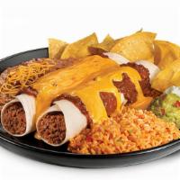 Cheesy Beef Chilada Platter · Two Cheesy Beef Chiladas, pico, rice, beans, sour cream, guac, and a small bag of chips