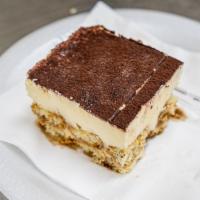 Tiramisu · Two delicate layers of sponge cake saturated with espresso coffee and marsala. then combined...