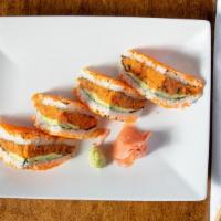Spicy Tuna Or Salmon Sandwich · Spicy tuna or salmon mixed with spicy mayo, tempura flake and diced avocado wrapped as a san...