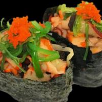 Ika Sansai Cups · Marinated squid with seaweed salad and masago on top.