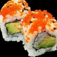 California Roll · Crab stick and avocado inside topped with masago.